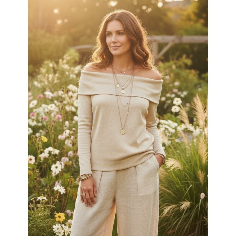 NEW Loft L Top Cream Gold Shimmer Off Shoulder Quiet Luxury Scandi Minimalist